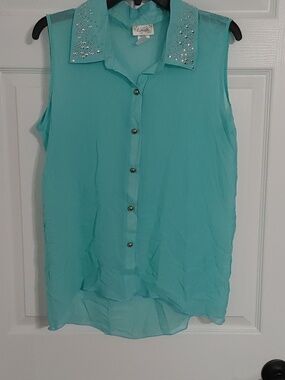 Embellished Collar Sheer Sleeveless Button-Down Blouse Aqua Fits Medium-Large